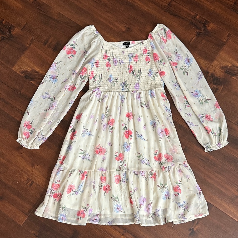 ZUNIE girls 14 Ivory Floral Long Sleeve Kids Dress, EUC!